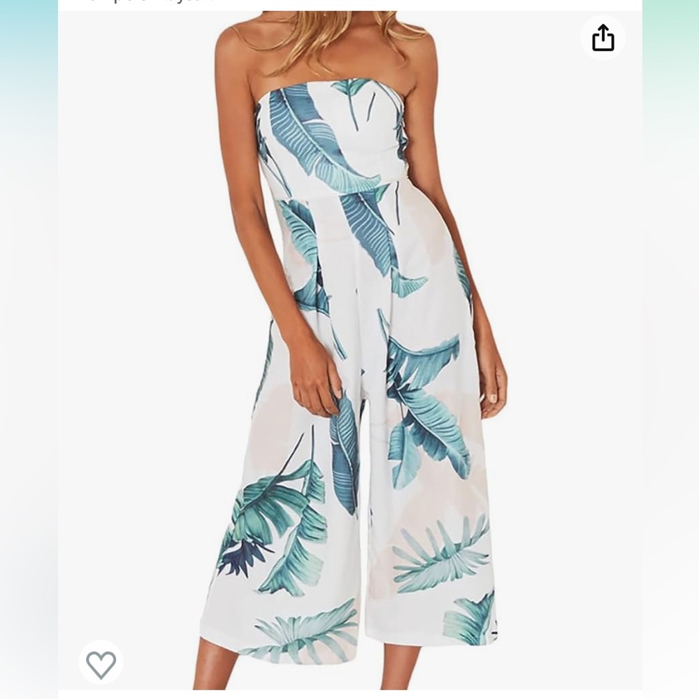 Tropical Leaf Print Strapless Jumpsuit